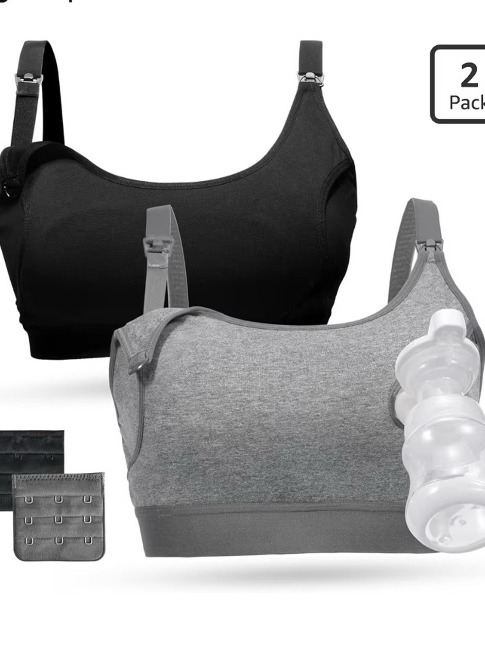 2-Pack Nursing Bras in Black and Heather Gray